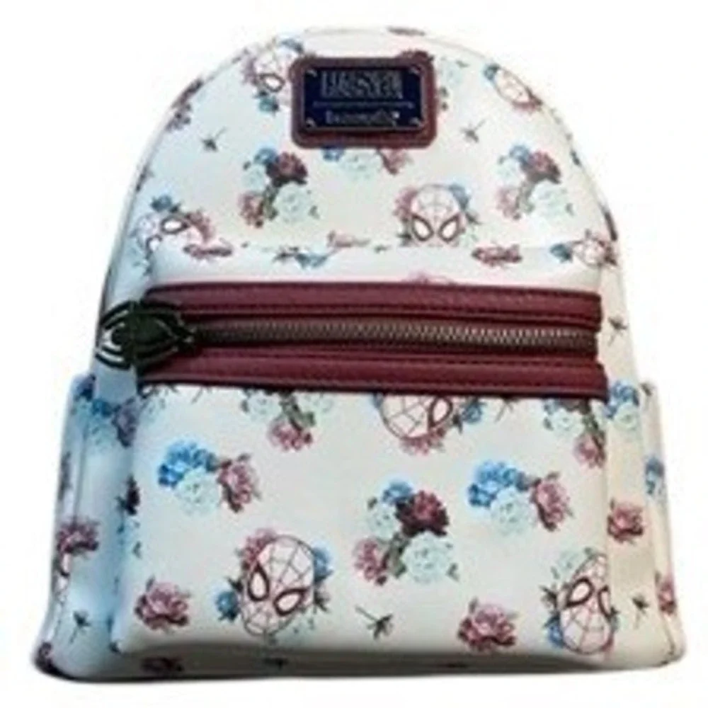 Loungefly Marvel Spider-Man Floral Mini Backpack Cream Burgundy Faux Leather NEW